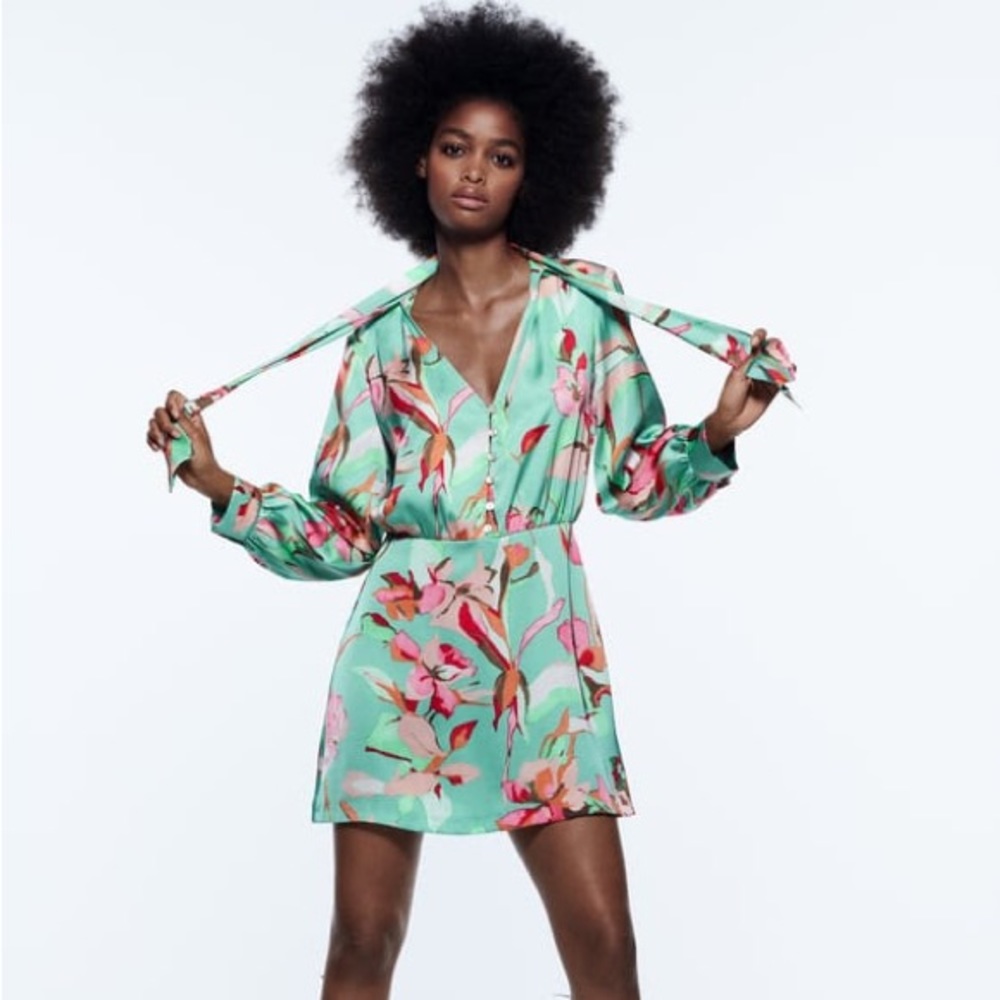 Zara Green Floral Print Bow Dress - NWOT - Size XL